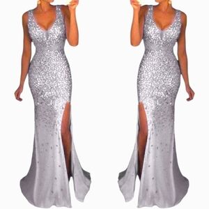 Nwt TS Couture Silver Rhinestoned Mesh VNeck Front Slit Gown w Train
